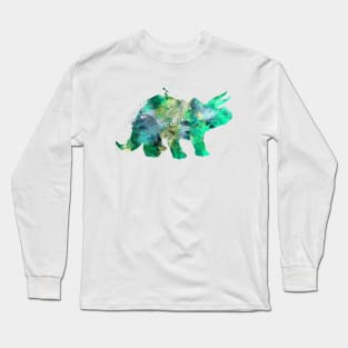 Green and Gold Triceratops Watercolor Painting Long Sleeve T-Shirt